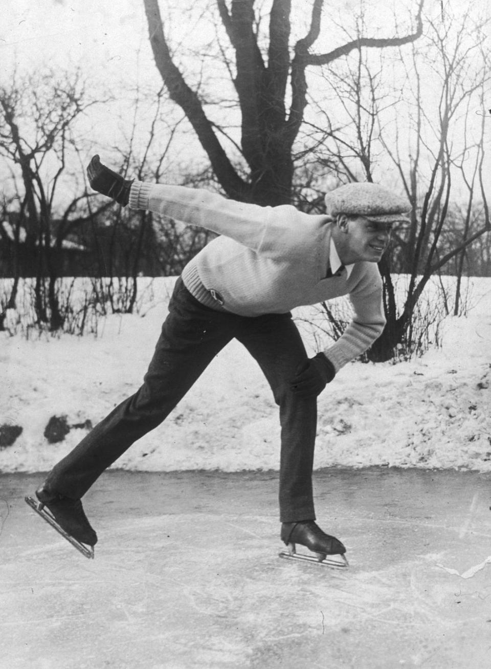 <p><em>Tarzan </em>actor, Johnny Weissmuller, spends the day ice skating on a pond in 1925. The Hungarian-born actor <a href="https://www.olympic.org/johnny-weissmuller" rel="nofollow noopener" target="_blank" data-ylk="slk:won five Olympic gold medals;elm:context_link;itc:0;sec:content-canvas" class="link ">won five Olympic gold medals</a> for swimming before venturing to Hollywood. </p>