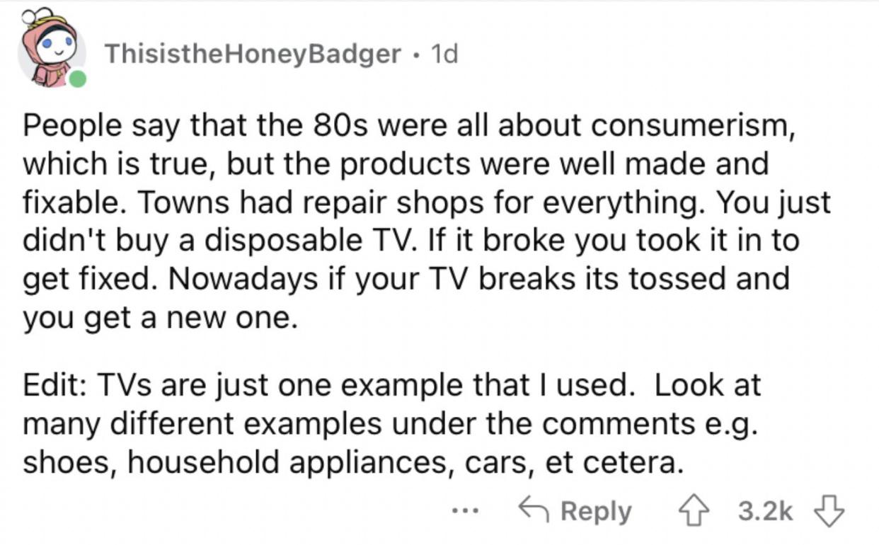 Reddit screenshot about how products nowadays aren't as well made.