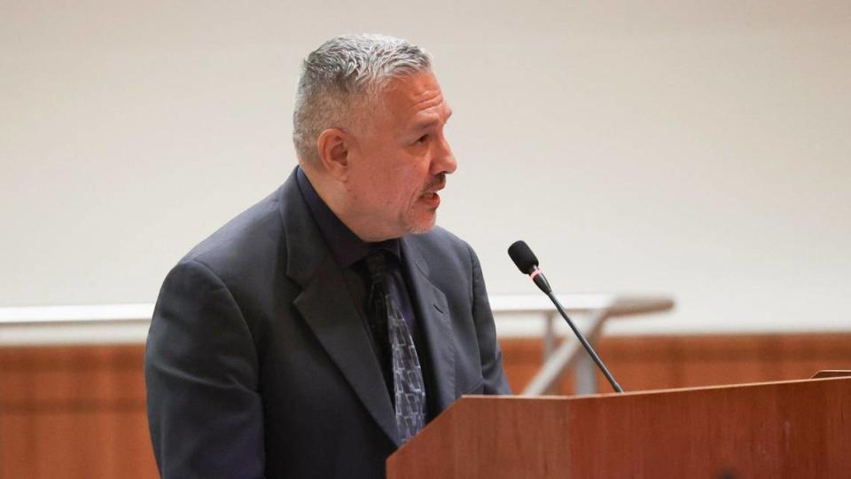 SLO County Homeless Services Division administrative services manager George Solis speaking at the San Luis Obispo County Board of Supervisors meeting on May 21, 2024.