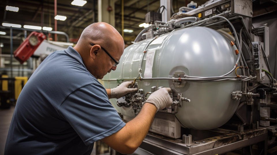 A technician calibrating a rigid and flexible intermediate bulk container machine.