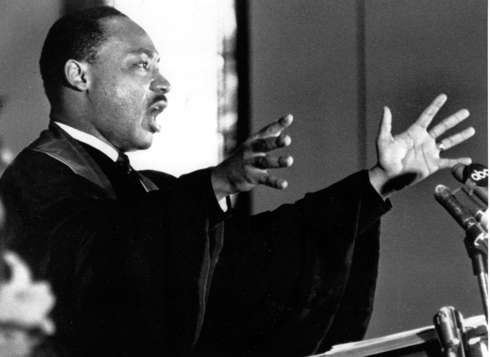 The Rev. Dr. Martin Luther King Jr. gestures to his congregation in Ebenezer Baptist Church in Atlanta, Ga. on April 30, 1967.