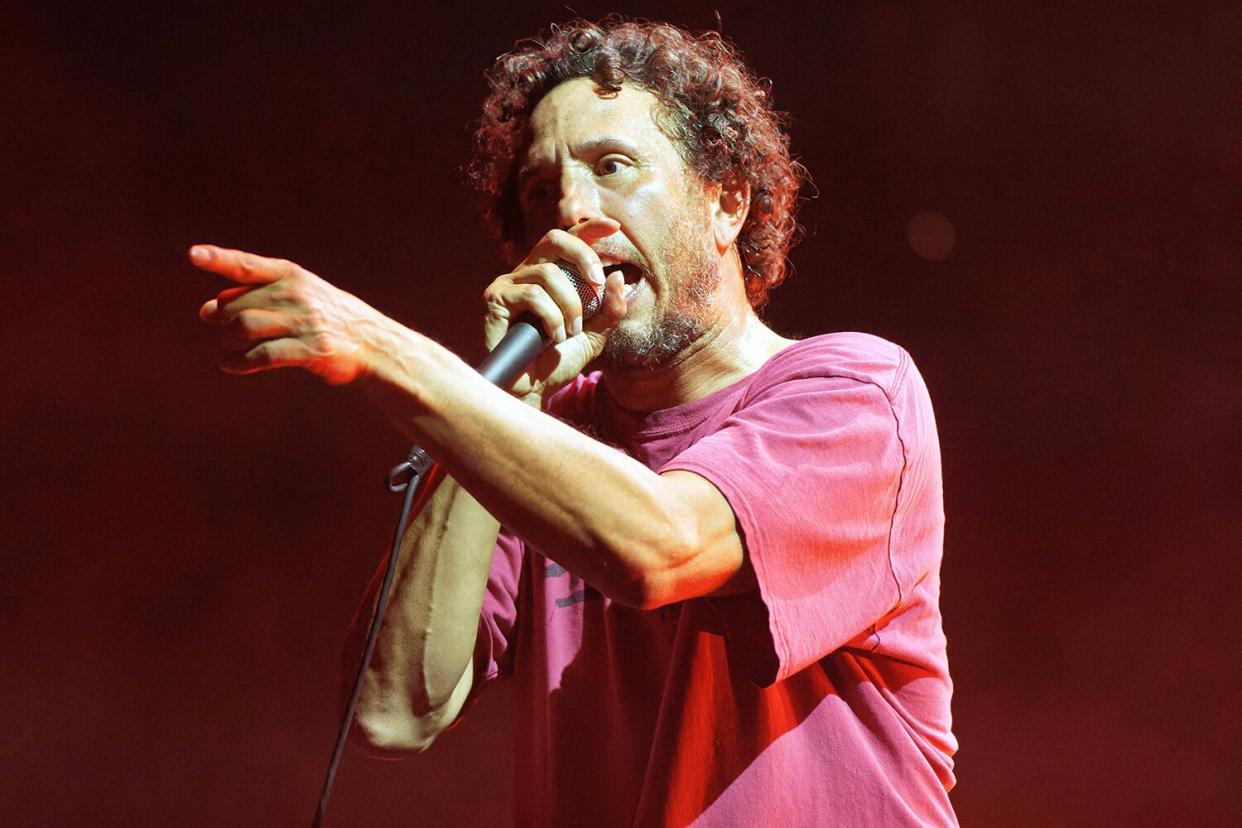 Zack de la Rocha, of Rage Against The Machine, performs at the United Center, in Chicago