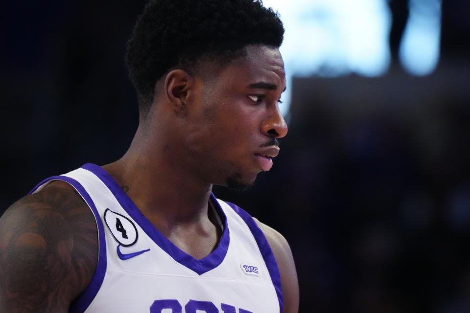 Mar. 5, 2022; Phoenix, AZ, USA; GCUÃ•s Aidan Igiehon (13) walks down the court during a game against Dixie State at Grand Canyon University. Mandatory Credit: Patrick Breen/The Republic

Ncaa Basketball Gcu Basketball Game Dixie State At Gcu