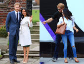 <p>Man könnte denken, dass sich Meghan als zukünftiger Royal einem strickten Dresscode fügen müsste. Doch den gibt es nicht offiziell. Es scheint vielmehr so, als bleibe die Schauspielerin ihrem Stil – mal elegant, mal casual – treu. An der Seite ihres Verlobten Prinz Harry zeigte sie sich sowohl im weißen Wickelmantel und High Heels sowie schlicht in Jeans als auch elegant. (Bild: Wenn/Getty Images) </p>