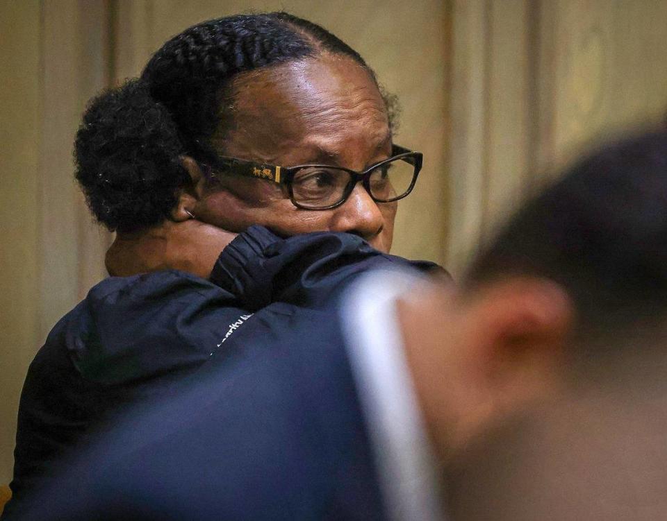 Taji Pearson’s mother, Jackie Pearson, listens in court during her son’s hearingon Wednesday, July 31, 2024, in Courtroom 4 - 6 at the Richard E. Gerstein Justice Building in Miami, Florida.