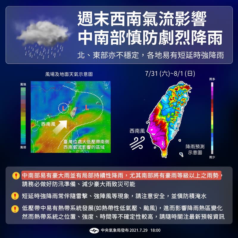 中南部慎防豪雨。（圖／翻攝自中央氣象局）