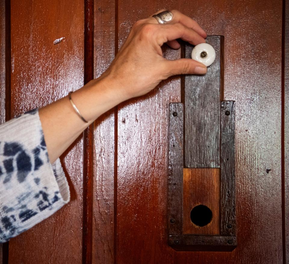 A peephole on the door of the Rebekah's space inside the former Odd Fellows building in downtown Ellettesville on Tuesday, May 14, 2024.
