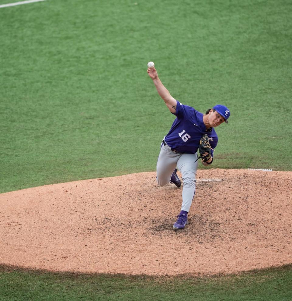 Kansas State's Tyson Neighbors (16) throws a pitch against Texas during an April 8 game in Austin, Texas. Neighbors pitched four scoreless innings in relief Thursday in the Wildcats' 6-0 shutout of Texas in the Big 12 Tournament.