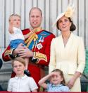 <p><a href="https://www.townandcountrymag.com/society/tradition/a27839654/prince-louis-harry-trooping-the-colour-clothes-borrowed/" rel="nofollow noopener" target="_blank" data-ylk="slk:Louis stole the show;elm:context_link;itc:0;sec:content-canvas" class="link ">Louis stole the show</a> at his very first Trooping the Colour, which he attended with Prince William, Kate Middleton, Prince George, and Princess Charlotte. Louis was seen excitedly waving and pointing to the crowd, and was also clapping during the royal flypast. </p>