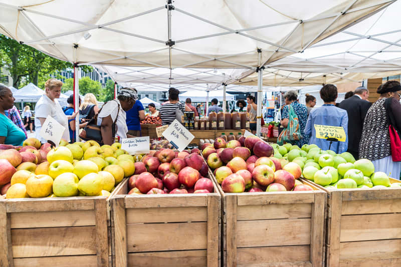 Farmers Market at Brooklyn Borough Hall Greenmarket in downtown Brooklyn with people choosing fruit and vegetables in Manhattan in New York City, USA