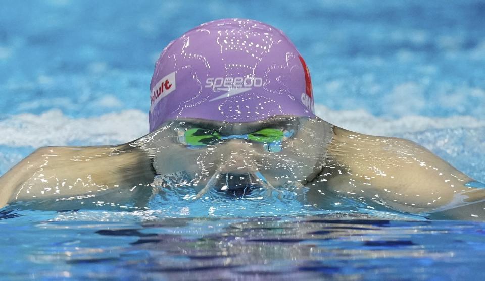 Qin Haiyang, of China, competes in a men's 200-meter breaststroke semifinal at the World Swimming Championships in Fukuoka, Japan, Thursday, July 27, 2023. (AP Photo/Nick Didlick)