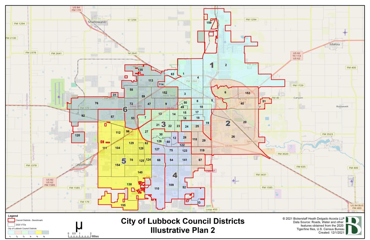 One of two proposed maps the Lubbock City Council will consider, and perhaps adjust, during a work session and council meeting Tuesday at Citizens Tower.