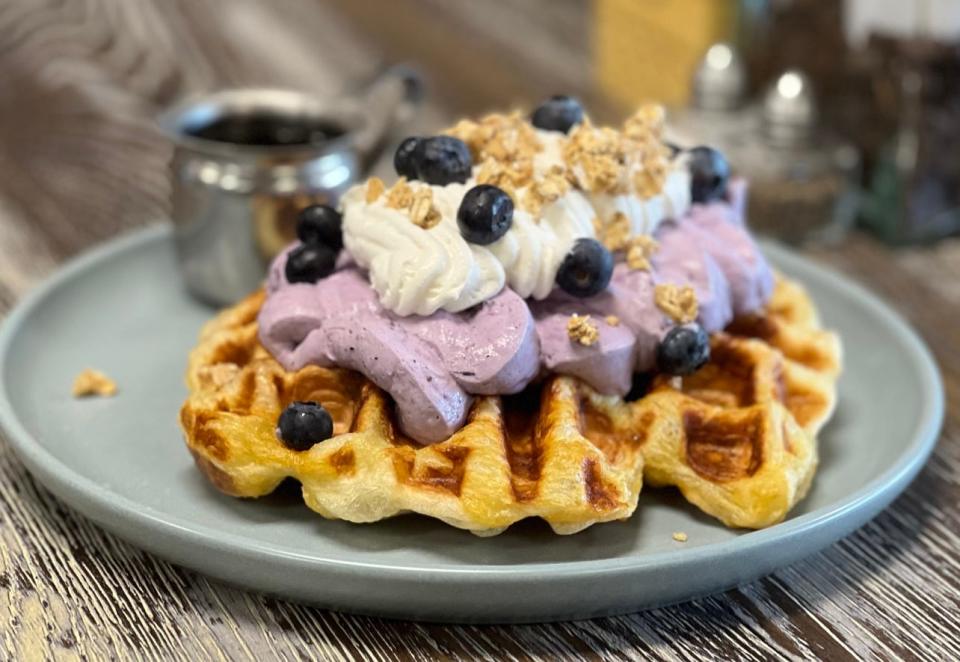 A croffle, which is a salted pretzel croissant waffle, with blueberry cheesecake topping and almond oat crunch from MorningStar Cafe in Toms River.