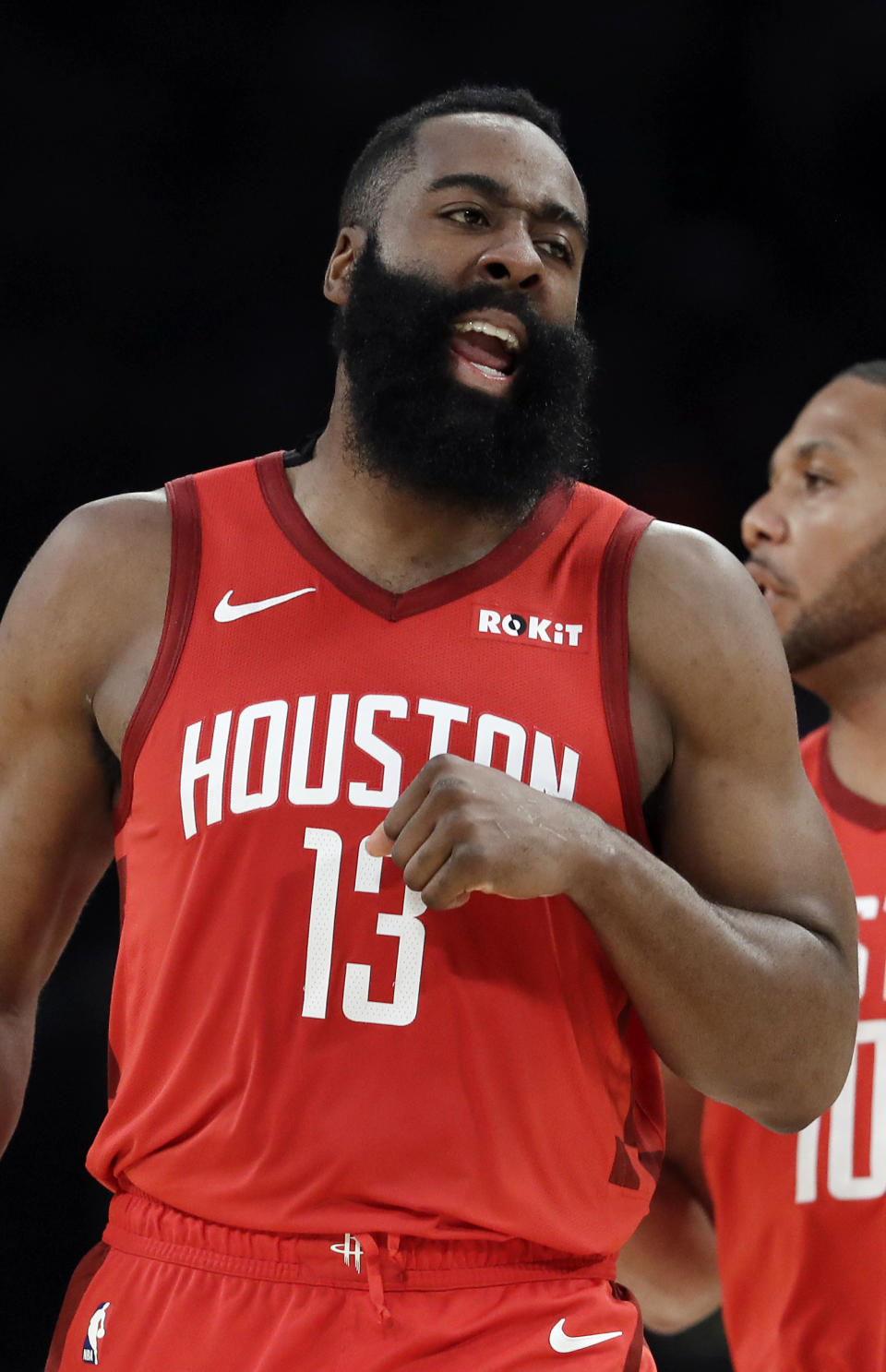 Houston Rockets' James Harden (13) reacts after making a 3-point basket against the Los Angeles Lakers during the first half of an NBA basketball game Thursday, Feb. 21, 2019, in Los Angeles. (AP Photo/Marcio Jose Sanchez)