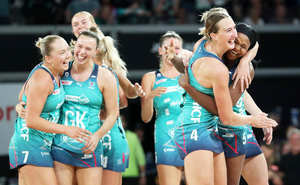 Melbourne Vixens players, pictured here celebrating after their win over the Collingwood Magpies.