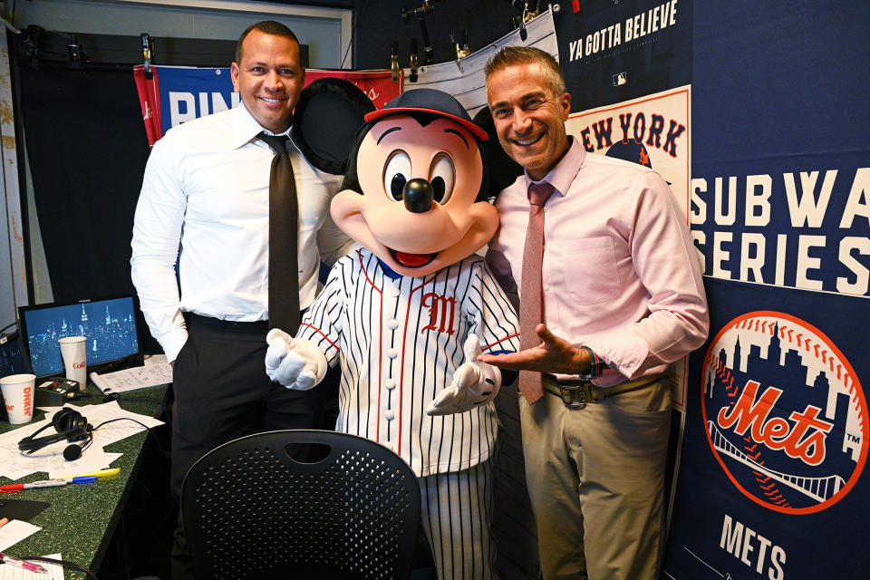 <p>Mickey Mouse visits ESPN Sunday Night Baseball announcers Alex Rodriguez and Matt Vasgersian in the booth on Sept. 19 to celebrate the recent premieres of Disney Junior's series <em>Mickey Mouse Funhouse </em>and <em>Marvel's Spidey and His Amazing Friends</em> at New York City's Citi Field.</p>