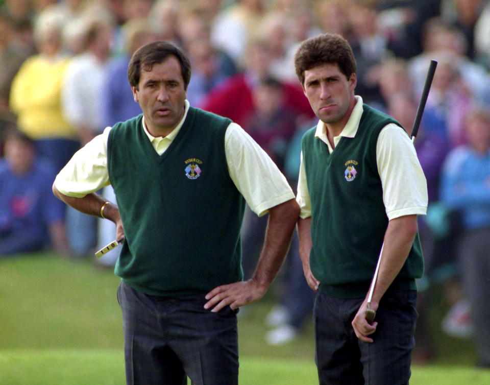 Golf - 1993 Ryder Cup - The Belfry - 26/9/93 
Europe's Seve Ballesteros (L) and Jose Maria Olazabal  during their round 
Mandatory Credit: Action Images