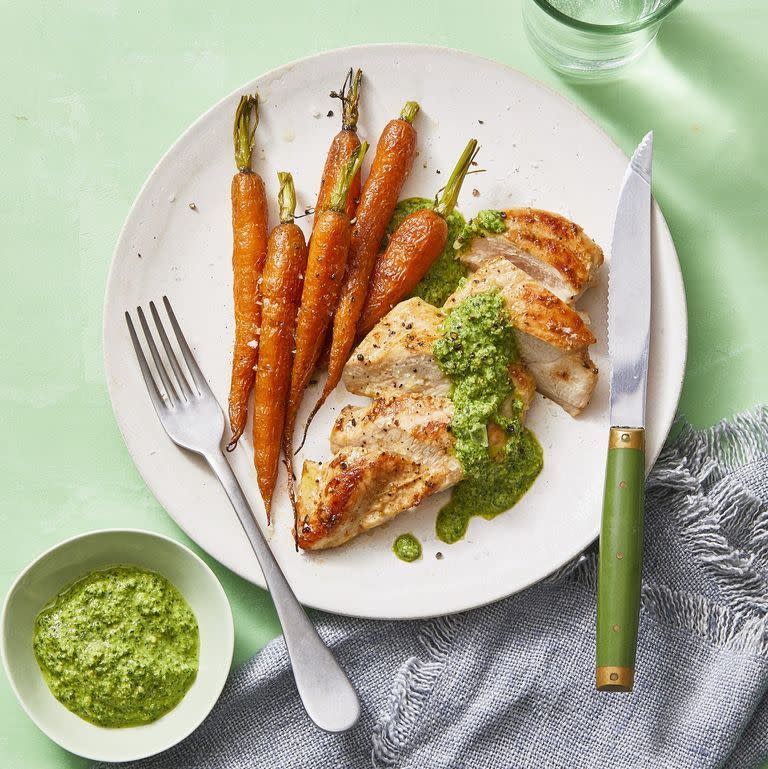 Seared Chicken With Carrots and Mint-Almond Pesto