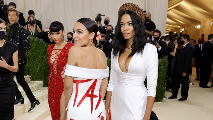 N.Y. Rep. Alexandria Ocasio-Cortez (left) and Aurora James attend the 2021 Met Gala celebrating “In America: A Lexicon Of Fashion” at Metropolitan Museum of Art Monday night in New York City. (Photo by Mike Coppola/Getty Images)