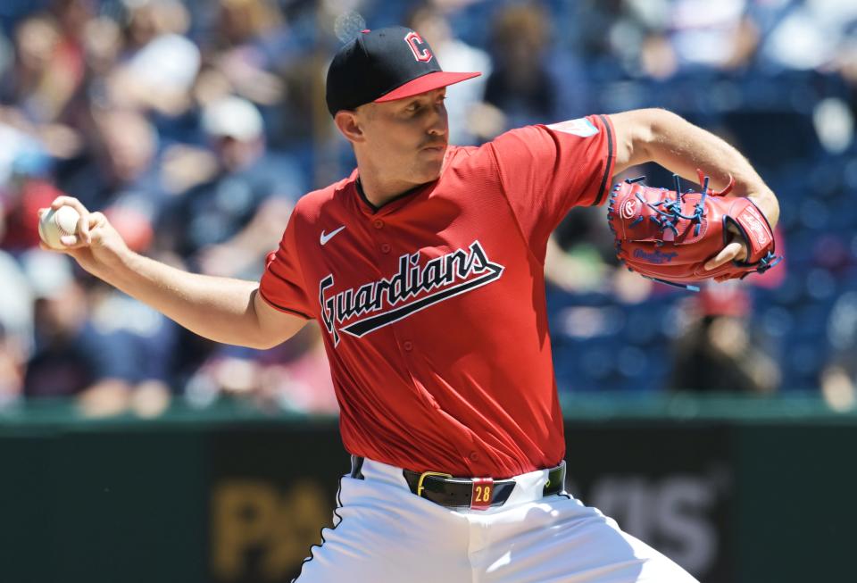 May 8, 2024; Cleveland, Ohio, USA; Cleveland Guardians starting pitcher Tanner Bibee (28) throws a pitch during the first inning against the Detroit Tigers at Progressive Field. Mandatory Credit: Ken Blaze-USA TODAY Sports