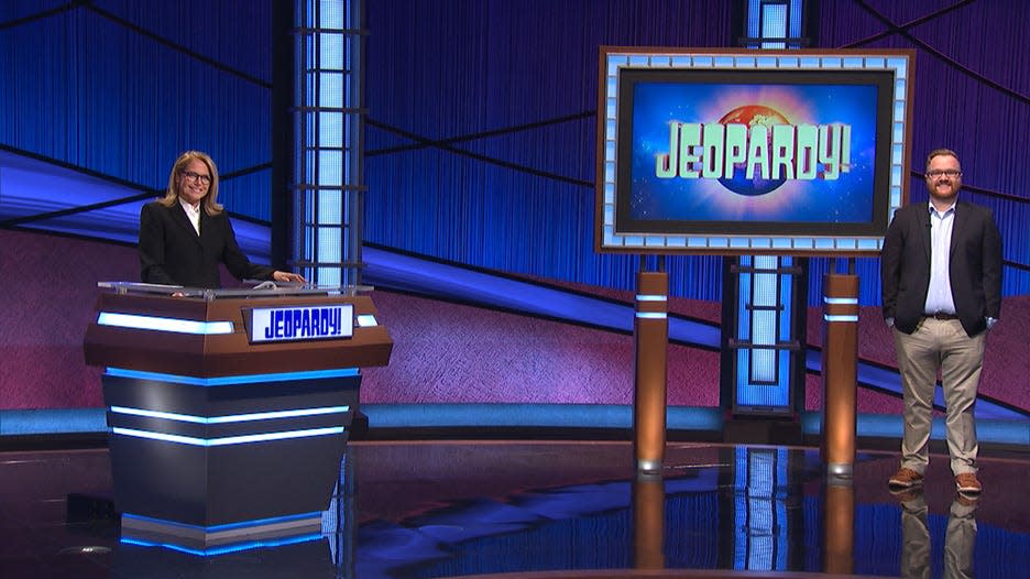 Guest host Katie Couric and Worcester native Brendan Sargent on the set of "Jeopardy!" when Sargent first appeared in 2021.