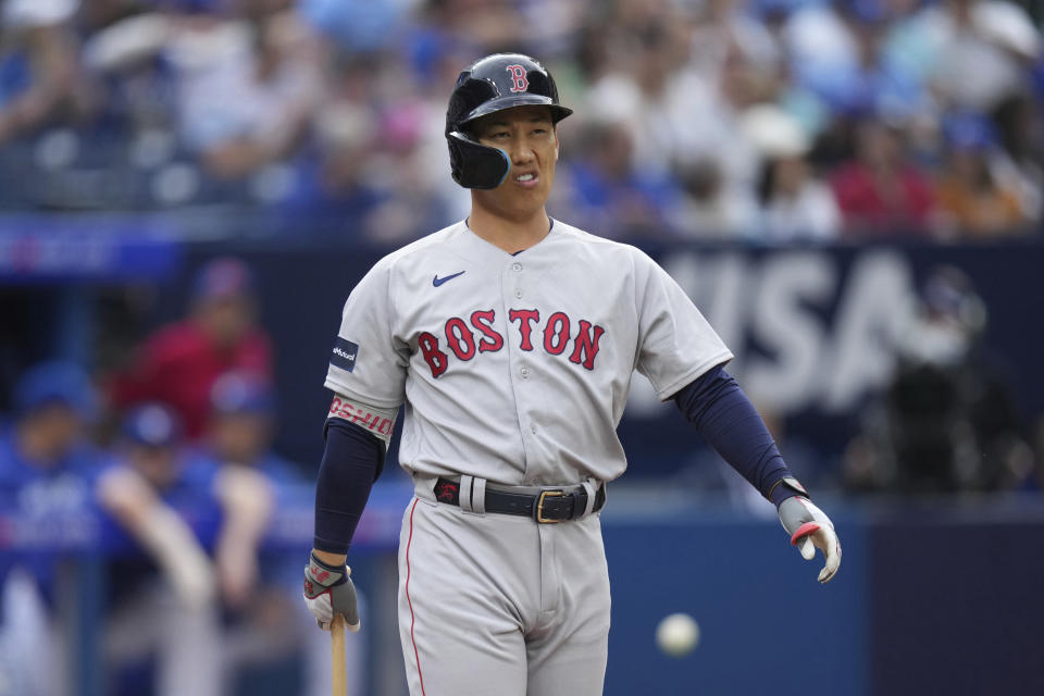 Boston Red Sox's Masataka Yoshida reacts after hotting a foul ball during the ninth inning of the team's baseball game against the Toronto Blue Jays on Saturday, Sept. 16, 2023, in Toronto. (Chris Young/The Canadian Press via AP)