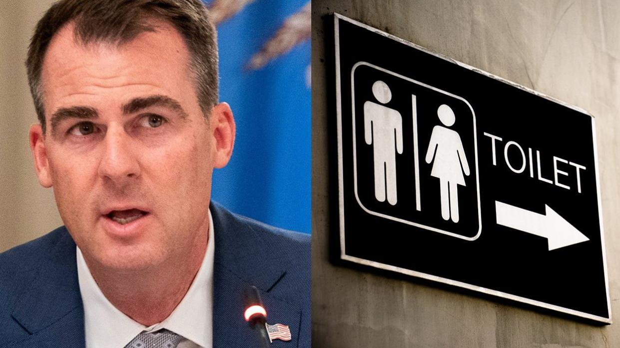 Oklahoma governor Kevin Stitt Toilet sign school bathroom