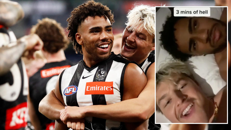 Collingqwood duo Jack Ginnivan and Isaac Quaynor are facing criticism after posting a TikTok of themselves rating women out of 10. (Photo by Dylan Burns/AFL Photos via Getty Images)