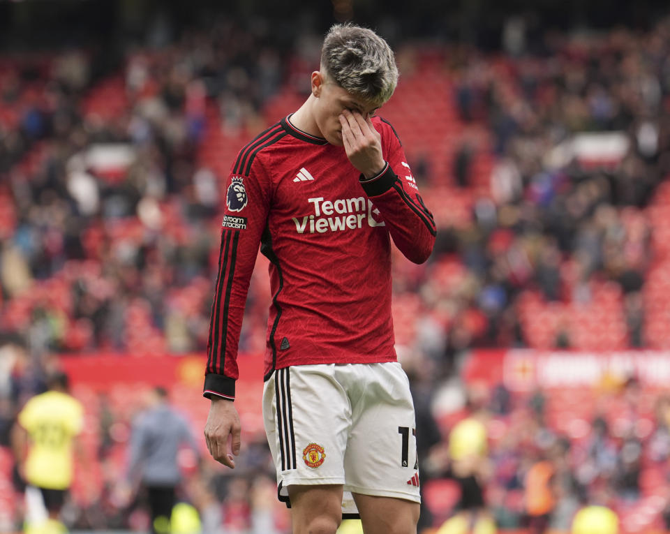 Manchester United's Alejandro Garnacho reacts after the English Premier League soccer match between Manchester United and Burnley at Old Trafford, Manchester, England, Saturday, April 27, 2024. (Martin Rickett/PA via AP)