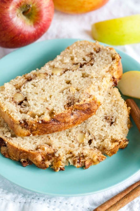 <p>Plated Cravings</p><p>Swirled with delicious spiced apples and topped with cinnamon sugar, this quick bread recipe is sure to be a fall favorite. </p><p><strong>Get the recipe: <em><a href="https://platedcravings.com/apple-cinnamon-bread/" rel="nofollow noopener" target="_blank" data-ylk="slk:Apple Cinnamon Bread;elm:context_link;itc:0;sec:content-canvas" class="link ">Apple Cinnamon Bread</a></em></strong></p>