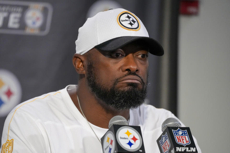 Pittsburgh Steelers head coach Mike Tomlin talks to reporters following an NFL football game against the Dallas Cowboys, early Monday, Oct. 7, 2024, in Pittsburgh. The Cowboys won 20-17. (AP Photo/Gene J. Puskar)