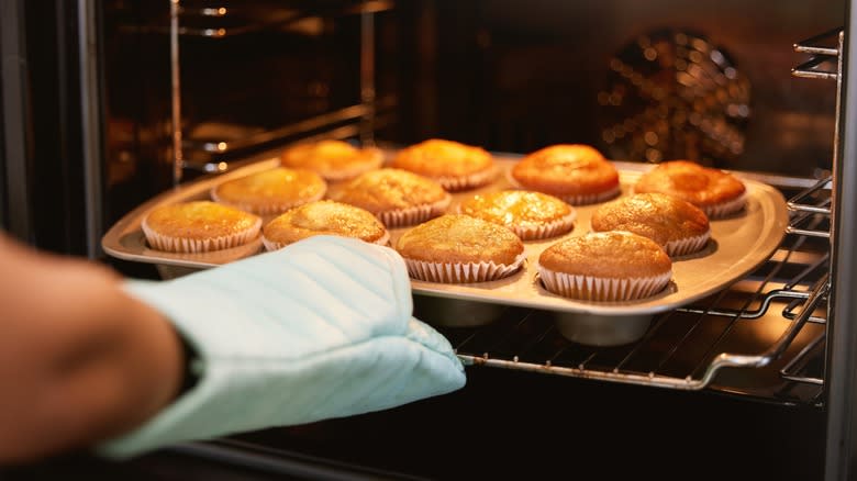 Muffins coming out of oven