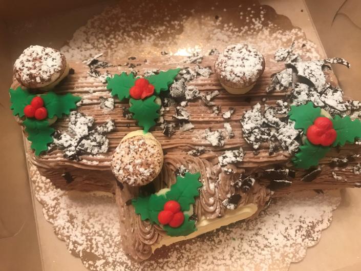 A chocolate yule log made at Bing's Bakery, Delaware's longest running bakery. The seasonal confection serves 10 to 12 people, but we doubt there will be any leftovers.