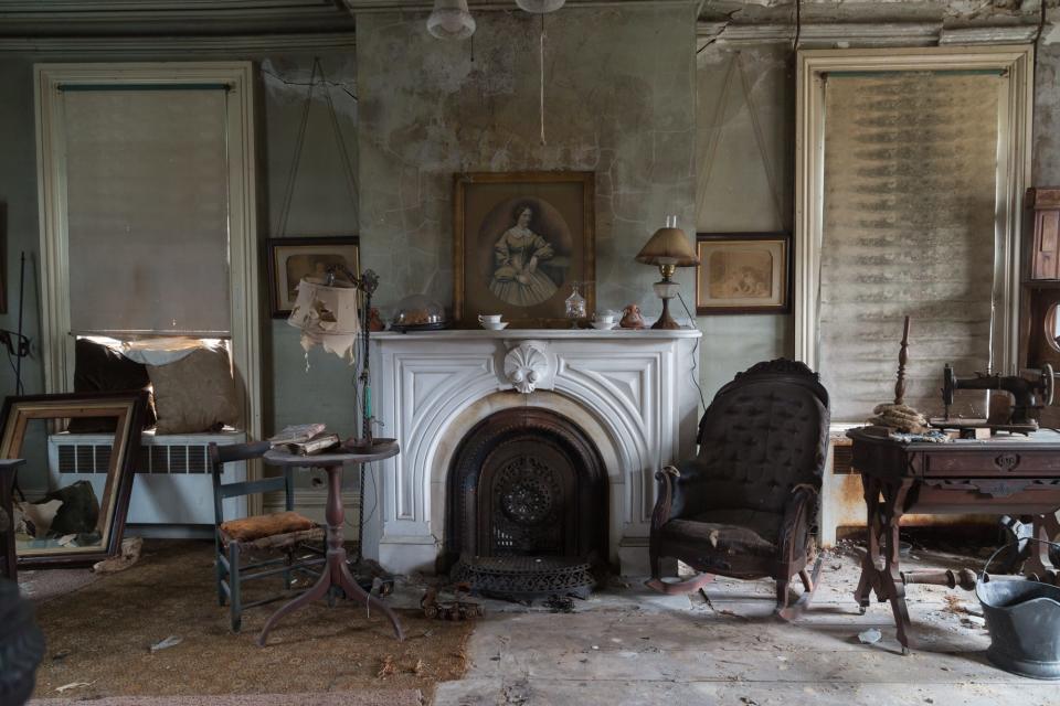 abandoned home long island living room fireplace
