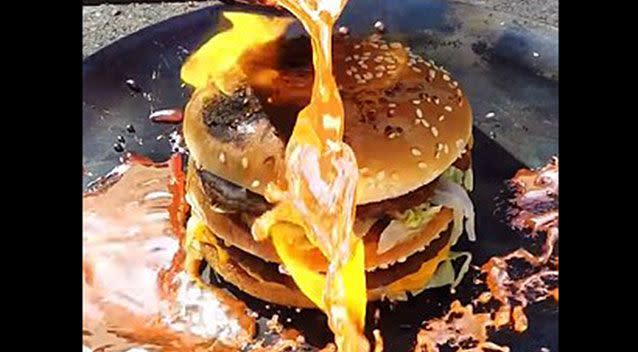 The burger that just wouldn't burn. Source: YouTube.