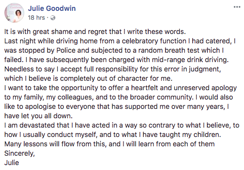 Julie Goodwin's full statement. Source: Facebook / Julie Goodwin