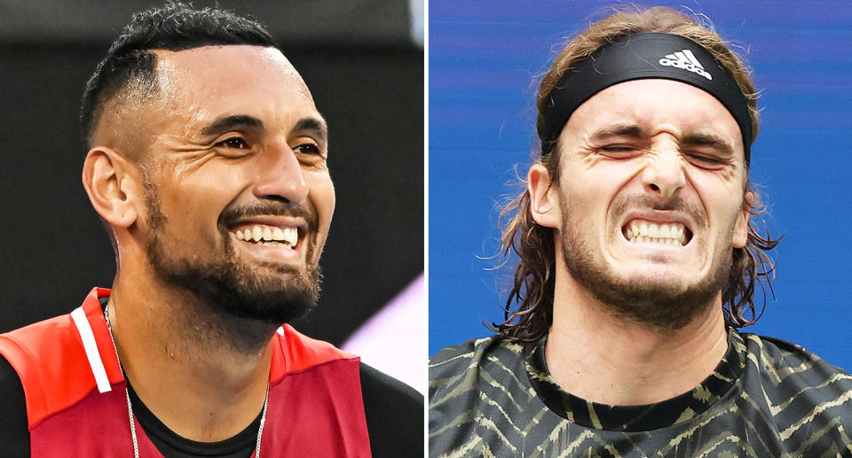 Pictured Nick Kyrgios left and Stefanos Tsitsipas right