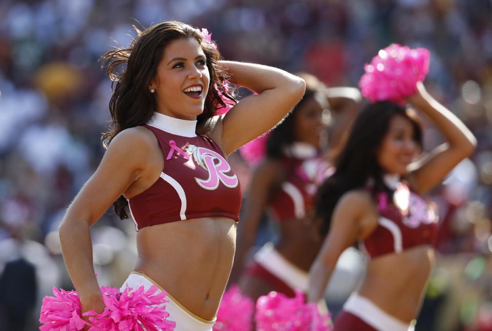 <p>Washington Redskins cheerleaders perform in the first half of an NFL football game between the Redskins and the Philadelphia Eagles, Sunday, Oct. 16, 2016, in Landover, Md. (AP Photo/Alex Brandon) </p>