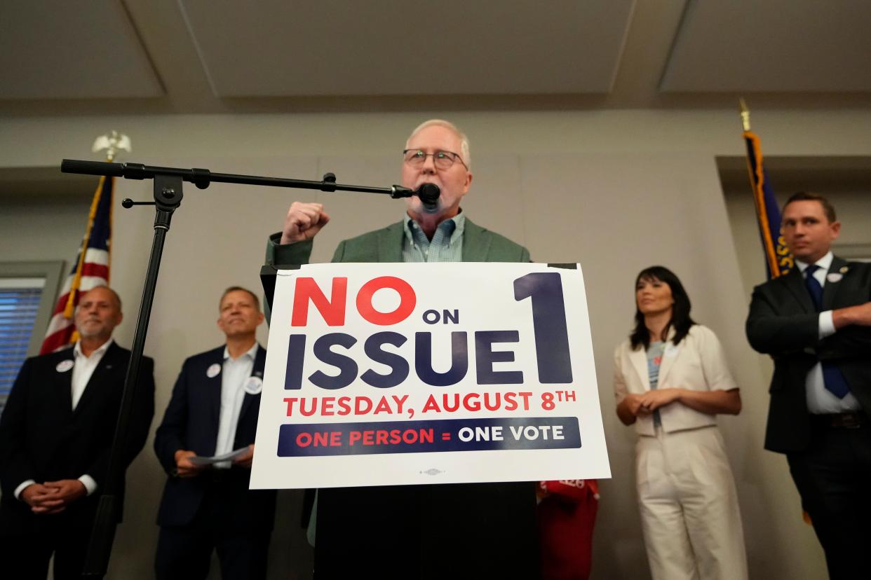 Dennis Willard of One Person One Vote speaks about the defeat of Issue 1 during an election night party at the Columbus Fire Fighters Local 67.