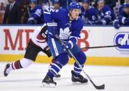 Nov 20, 2017; Toronto, Ontario, CAN; Toronto Maple Leafs defenceman Ron Hainsey (2) skates with the puck against the Arizona Coyotes in the second period at Air Canada Centre. Dan Hamilton-USA TODAY Sports