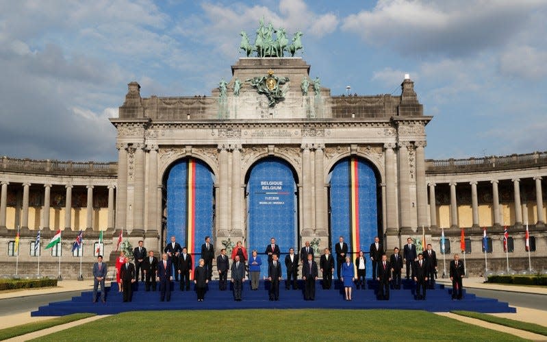 NATO leaders pose for a group photo in the park of the Cinquantenaire, during a NATO Summit, in central Brussels, Belgium July 11, 2018.  REUTERS/Yves Herman