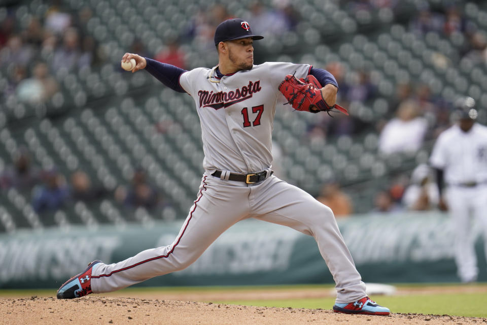 Minnesota Twins pitcher Jose Berrios throws against the Detroit Tigers in the third inning of a baseball game in Detroit, Saturday, May 8, 2021. (AP Photo/Paul Sancya)