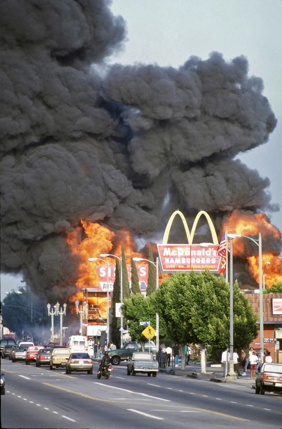 Fire and smoke billowing into air