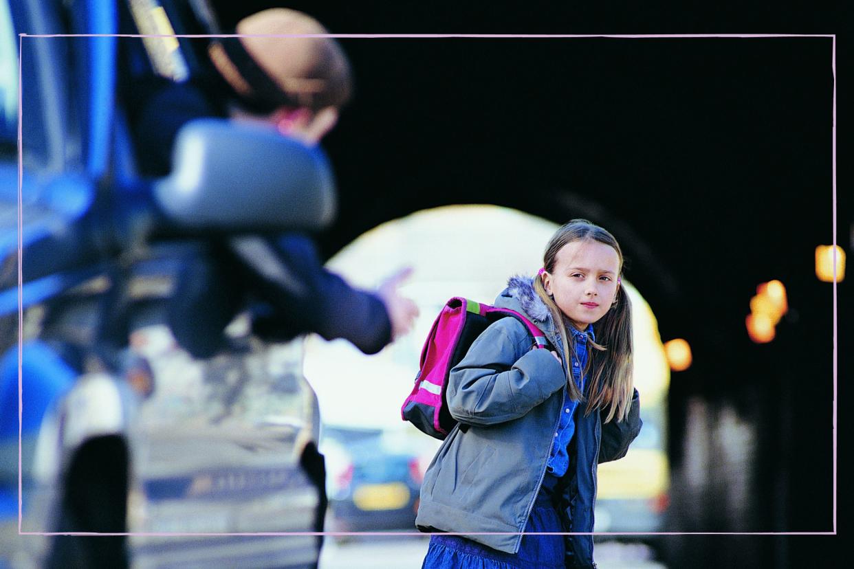  Man in a Car Beckoning an Apprehensive Girl Standing in a City Street - stock photo. 