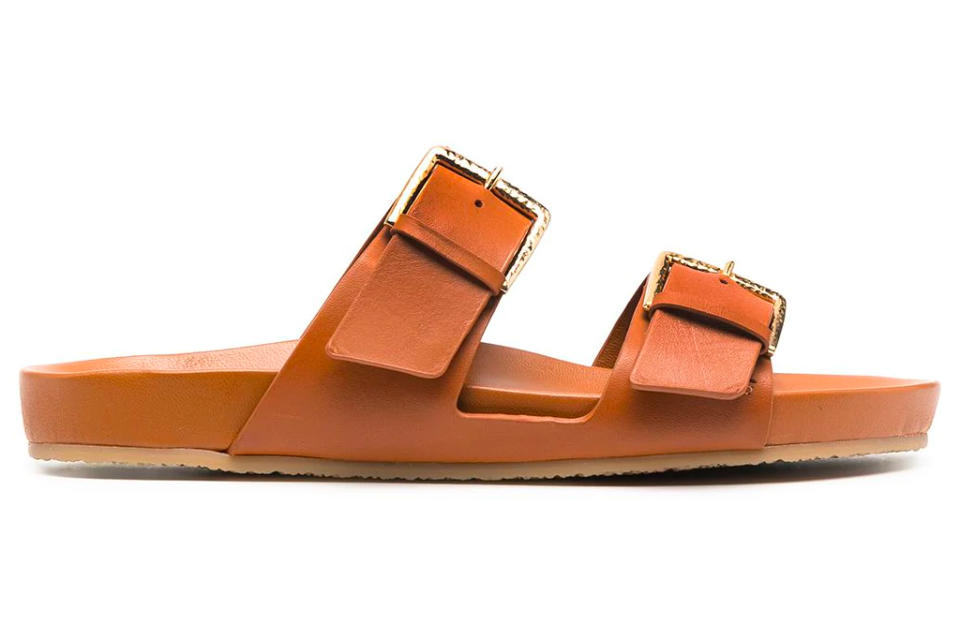 sandals, tan, slides, double strap, ulla johnson