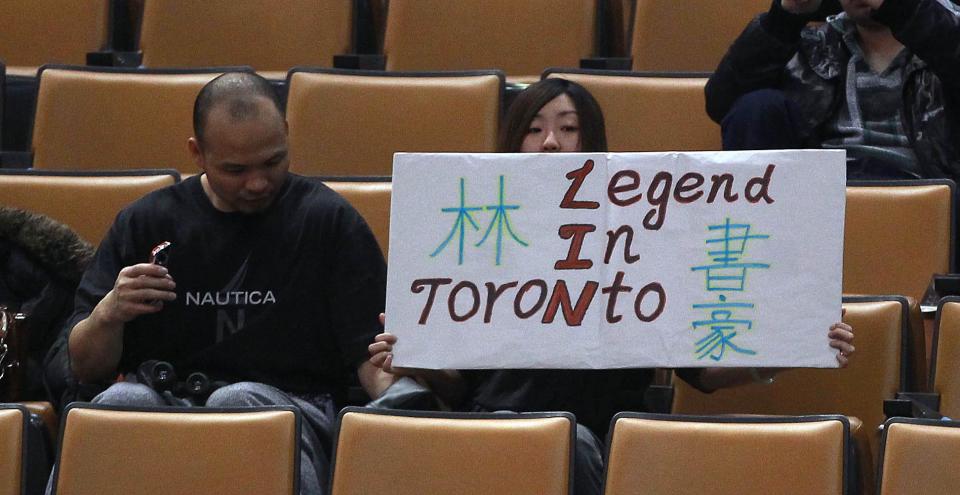 New York Knicks point guard Jeremy Lin had many fans in first half action as the Toronto Raptors play the New York Knicks at the Air Canada Centre in Toronto. February 14, 2012. STEVE RUSSELL/TORONTO STAR (Photo by Steve Russell/Toronto Star via Getty Images)