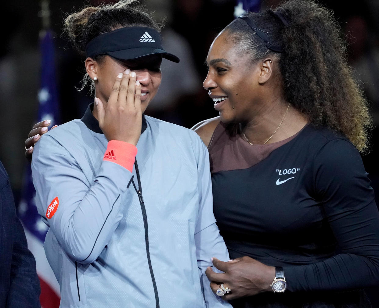 Sept 8, 2018; New York, NY, USA;    Naomi Osaka of Japan (left) cries as Serena Williams of the USA comforts her after the crowd booed during the trophy ceremony following the women’s final on day thirteen of the 2018 U.S. Open tennis tournament at USTA Billie Jean King National Tennis Center. Mandatory Credit: Robert Deutsch-USA TODAY Sports      TPX IMAGES OF THE DAY