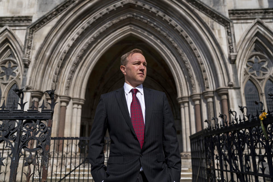 Financial market trader Tom Hayes, who was jailed alongside Carlo Palombo over interest rate benchmark manipulation, looks on outside the Royal Courts Of Justice in London ahead of a Court of Appeal ruling over whether their convictions should be overturned, on Wednesday March 27, 2024. (Jordan Pettitt/PA via AP)