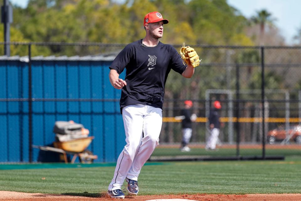 Detroit Tigers pitcher Matt Manning practices during spring training at Tigertown in Lakeland, Fla. on Wednesday, Feb. 14, 2024.