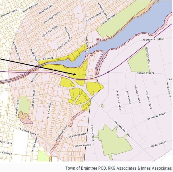The town of Braintree's fourth MBTA multifamily housing zoning overlay district covers 18 acres on either side of the Weymouth Landing/East Braintree station of the Greenbush commuter rail line.